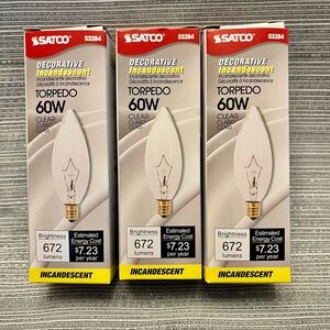 Lot of 3 Satco S3284 60W Clear Torpedo Candelabra Small Base bulbs
